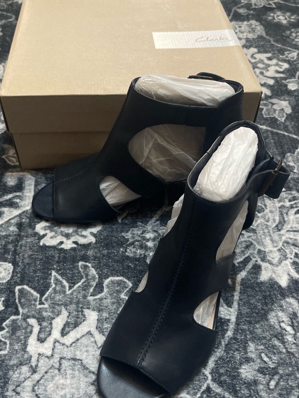 Clarks Navy Blue Cutout Peep-Toe Ankle Sandals with Buckle Accent